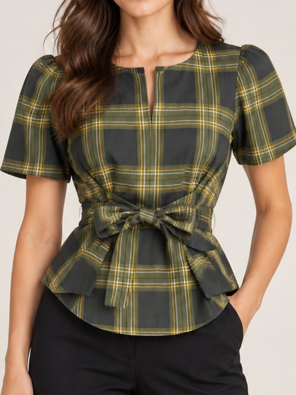 Anne Taylor Plaid Tie-Waist Peplum Top - Green